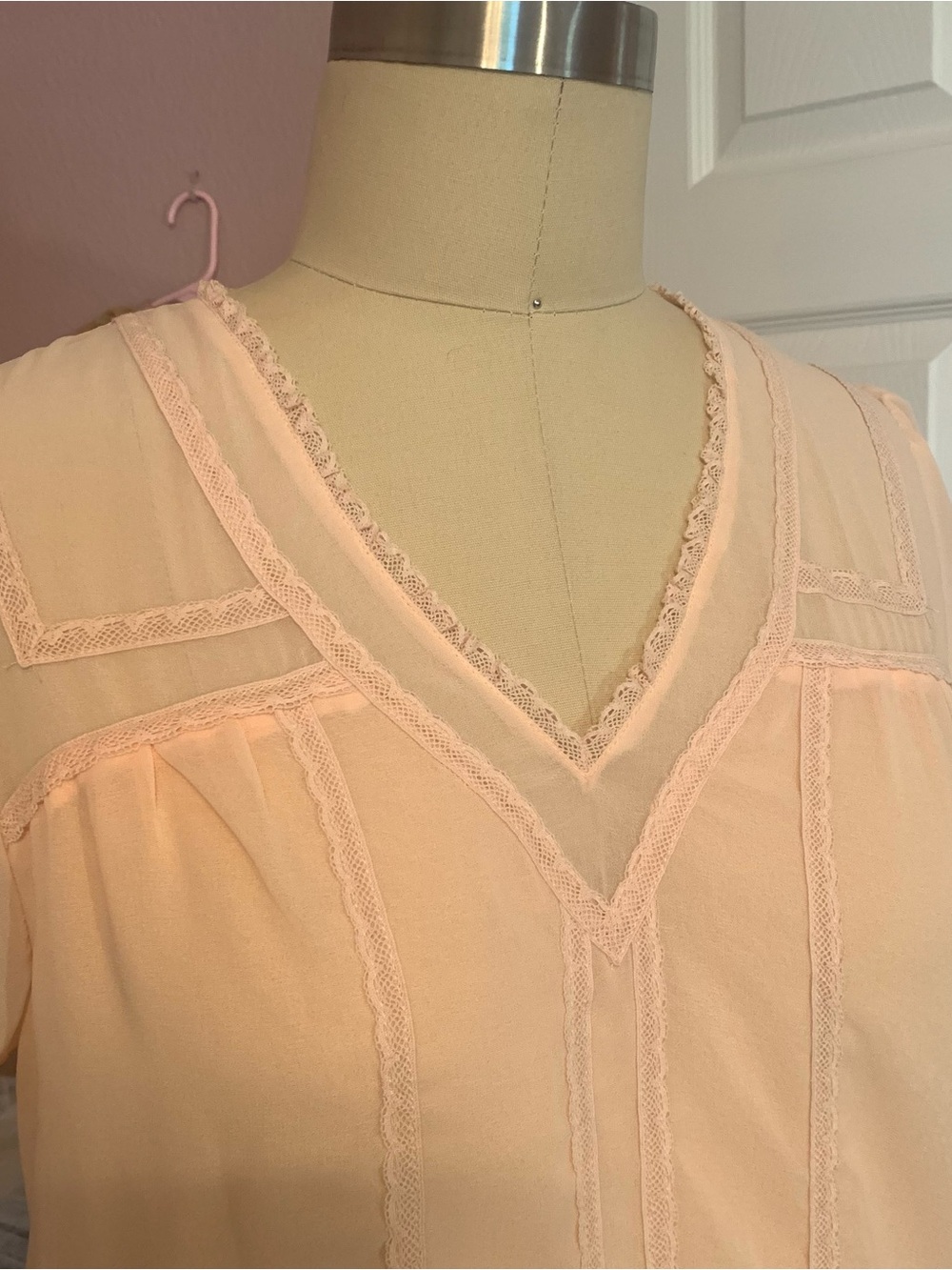 1. STATE Pale Peach Lace-Trim V-Neck Blouse